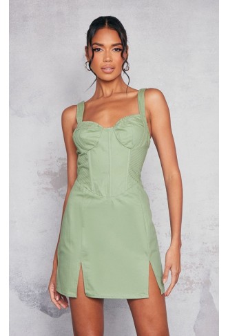 Sage Green Cargo Contrast Stitch Corset Detail Bodycon Dress