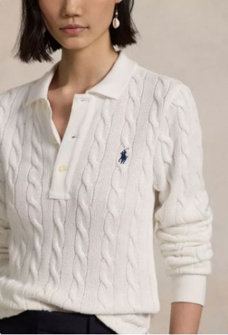 Cable-Knit Cotton Long-Sleeve Polo Shirt