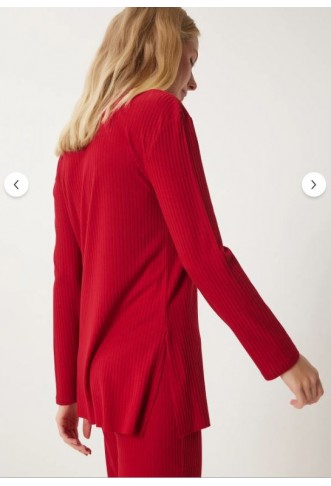 Women's Red Comfortable Ribbed Knitted Blouse Trousers Set