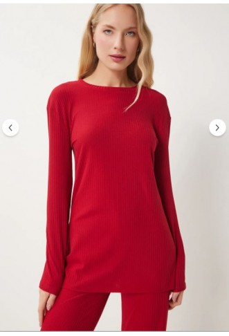 Women's Red Comfortable Ribbed Knitted Blouse Trousers Set