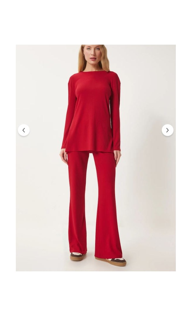 Women's Red Comfortable Ribbed Knitted Blouse Trousers Set