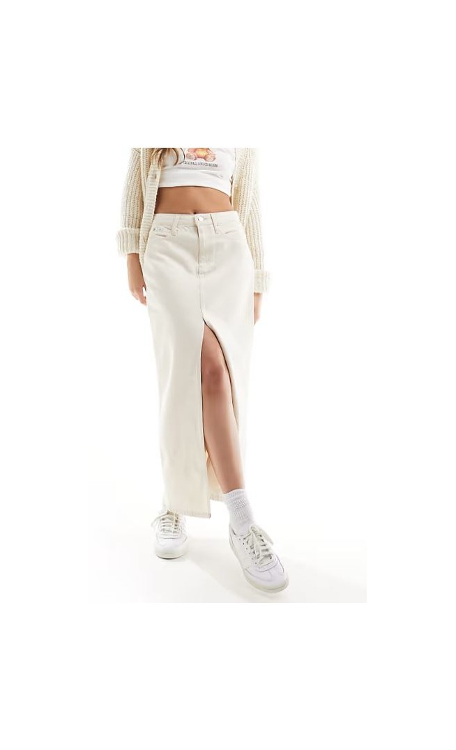 Calvin Klein Jeans front split denim maxi skirt in white