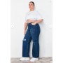 Curve  Dark Blue High Waist Destroyed Wide Leg