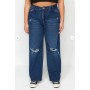 Curve  Dark Blue High Waist Destroyed Wide Leg