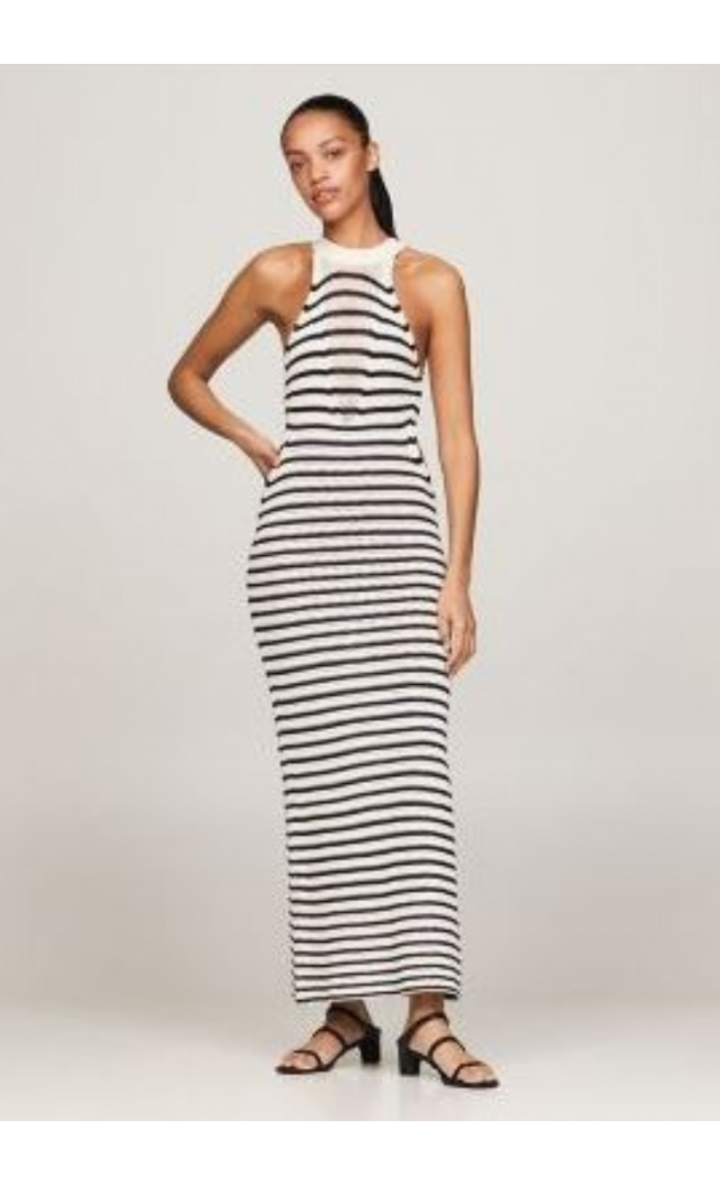 Crochet Stripe Halter Midi Sweater Dress