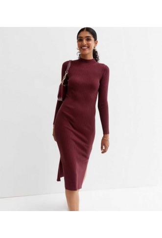 Burgundy Ribbed Knit Long Sleeve Dress