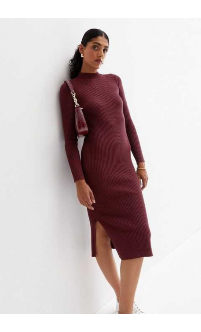 Burgundy Ribbed Knit Long Sleeve Dress