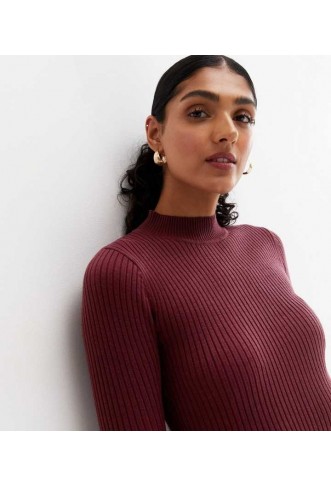 Burgundy Ribbed Knit Long Sleeve Dress