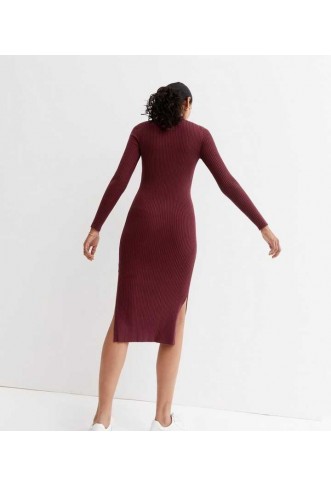 Burgundy Ribbed Knit Long Sleeve Dress