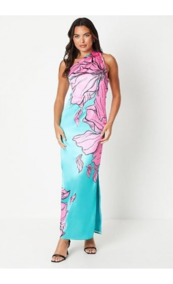 Placement Print One Shoulder Maxi Dress