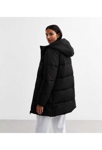 Black Hooded Mid Length Puffer Coat