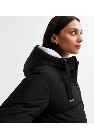 Black Hooded Mid Length Puffer Coat