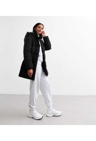Black Hooded Mid Length Puffer Coat
