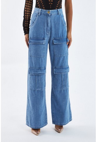 Light Blue Cargo Pocket Straight Leg Jeans - Mylah