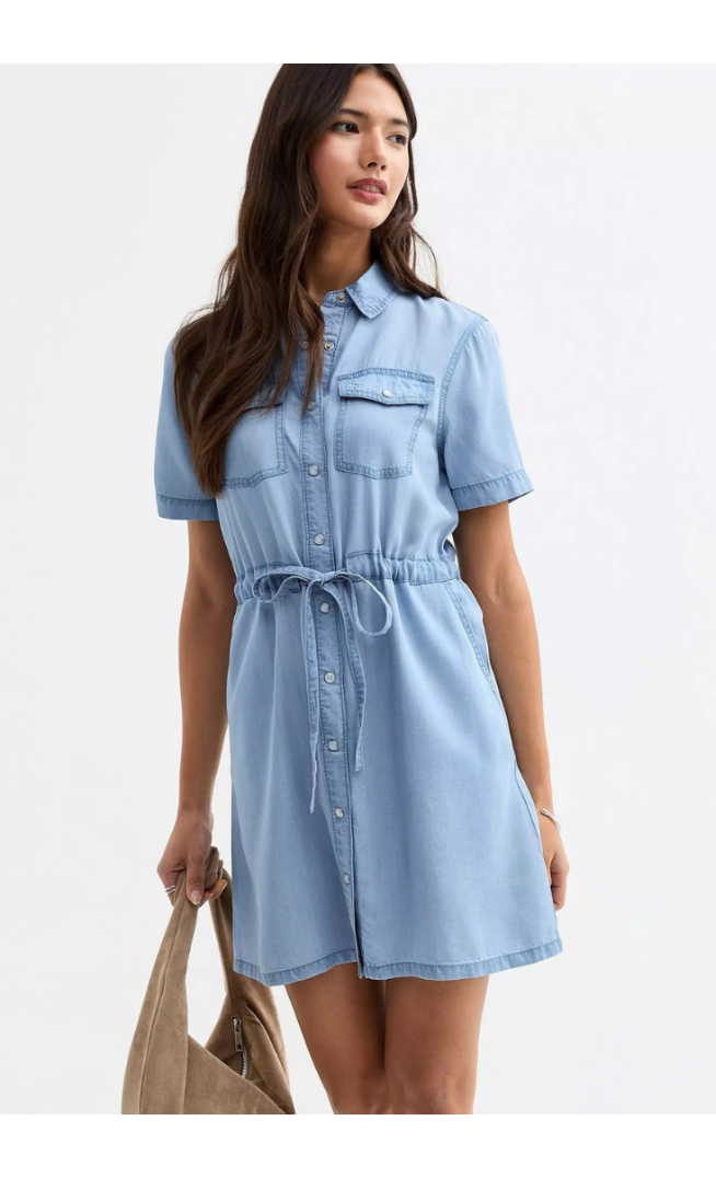 Light Blue Chambray Denim-look Mini Shirt Dress