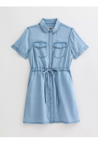 Light Blue Chambray Denim-look Mini Shirt Dress