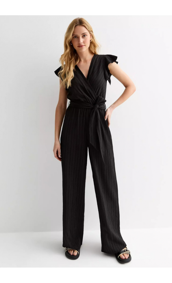 Black Textured Frill Wrap Jumpsuit