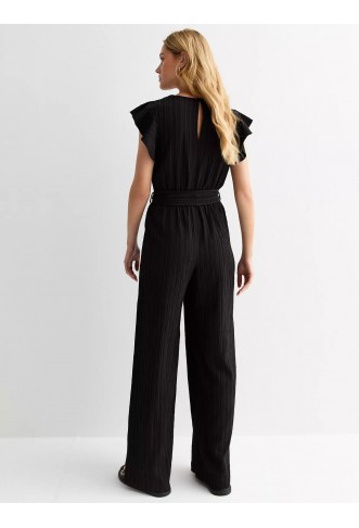 Black Textured Frill Wrap Jumpsuit