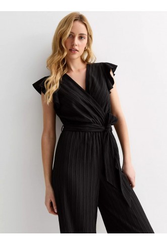 Black Textured Frill Wrap Jumpsuit