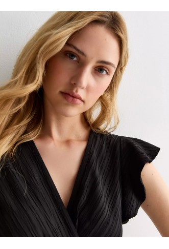 Black Textured Frill Wrap Jumpsuit