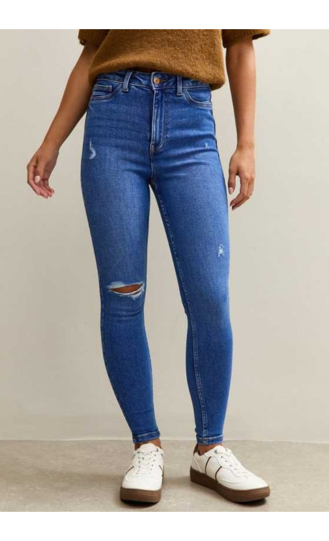 Petite Bright Blue Ripped High Waist