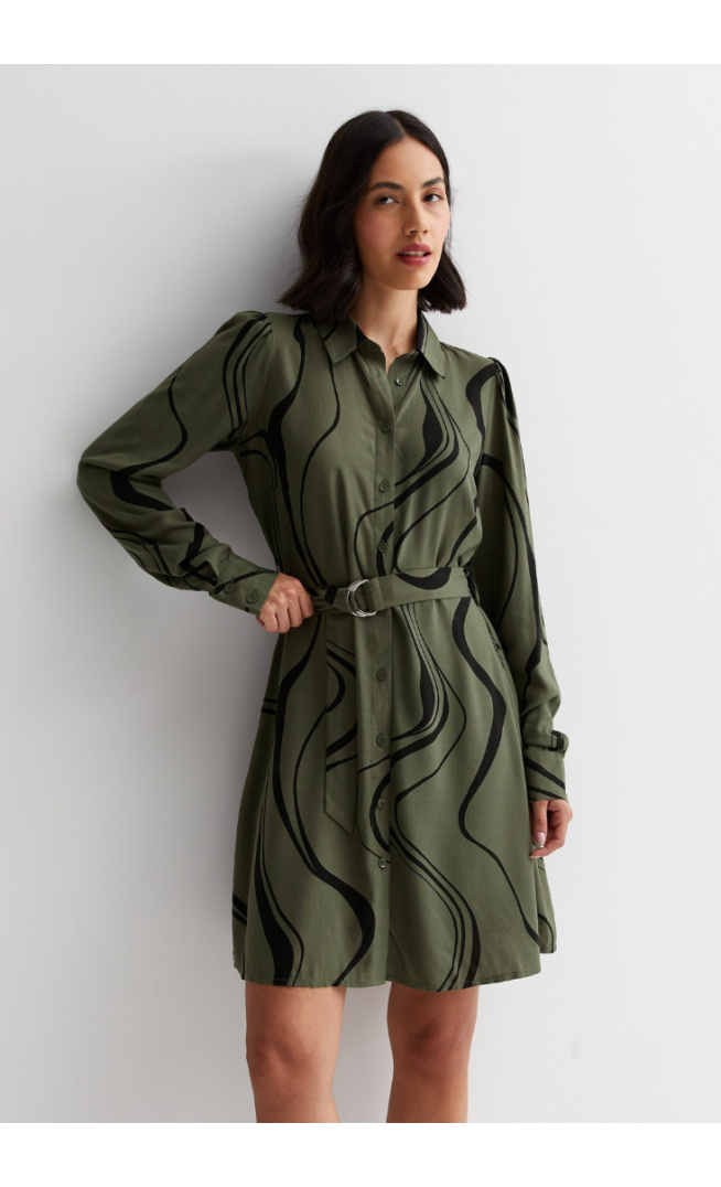 Green Swirl Buckle Belted Mini Shirt