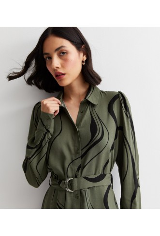 Green Swirl Buckle Belted Mini Shirt