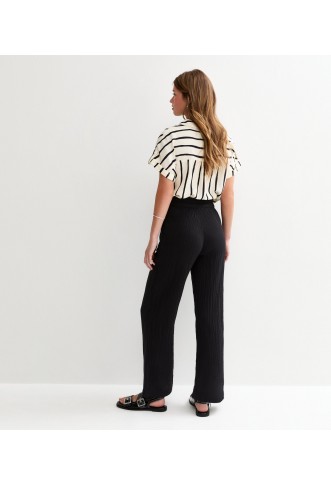 Black Double Cloth Wide Leg Trousers
