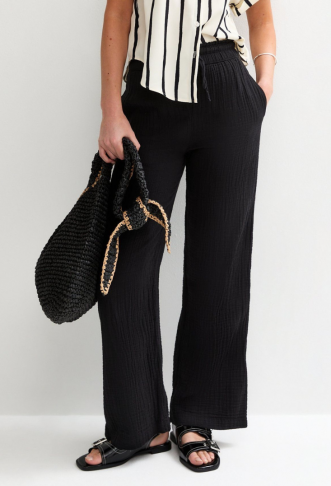 Black Double Cloth Wide Leg...