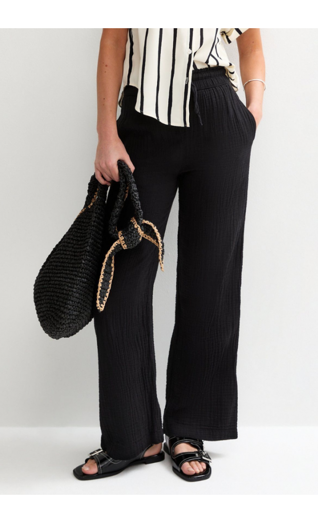 Black Double Cloth Wide Leg Trousers