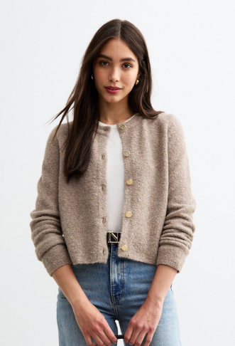 Mink Buttoned Bouclé Cardigan