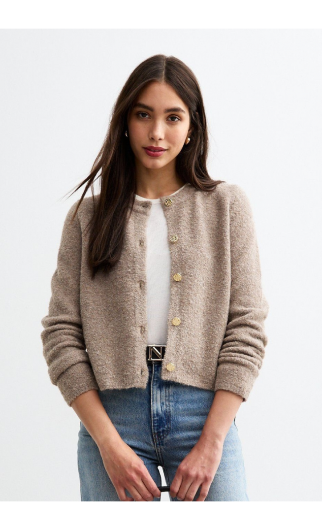 Mink Buttoned Bouclé Cardigan