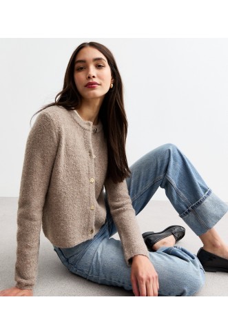 Mink Buttoned Bouclé Cardigan