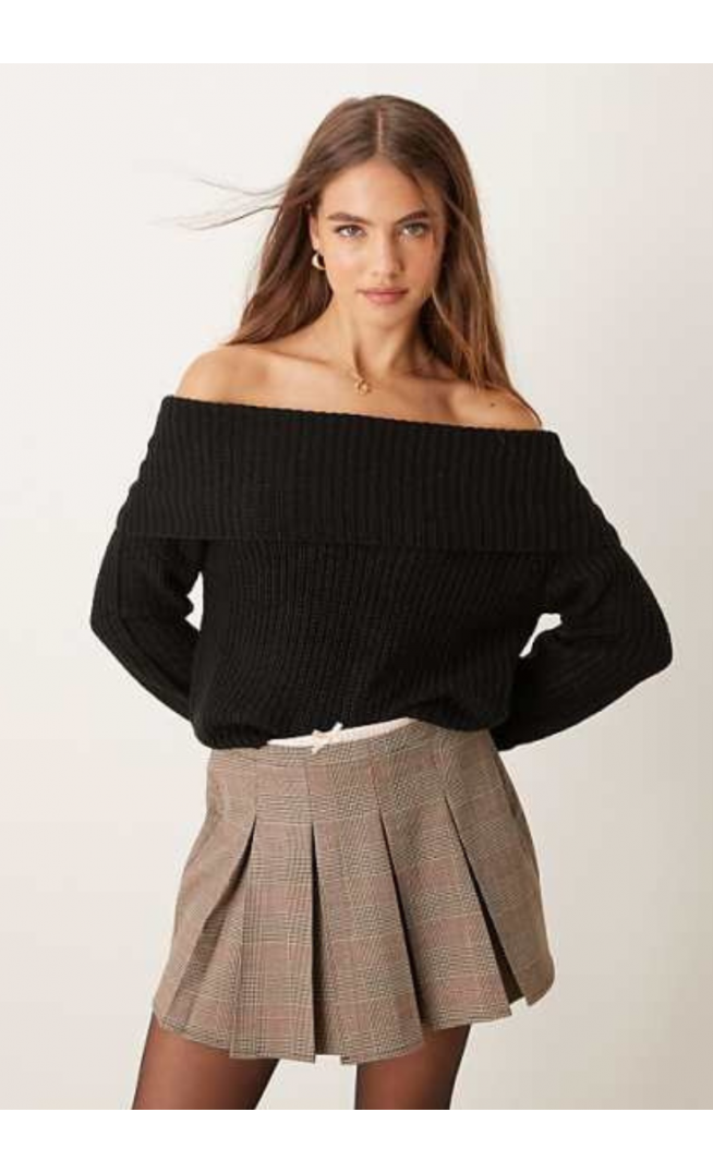 JDY off shoulder ribbed knitted jumper in black