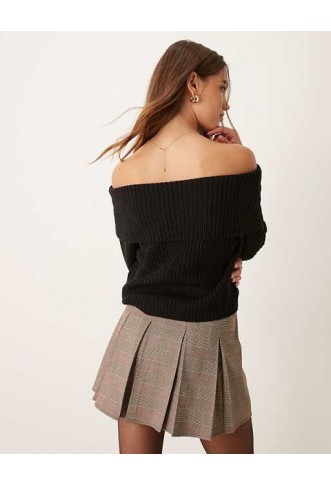 JDY off shoulder ribbed knitted jumper in black