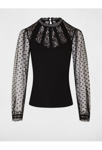 Long-sleeved t-shirt with lace black women