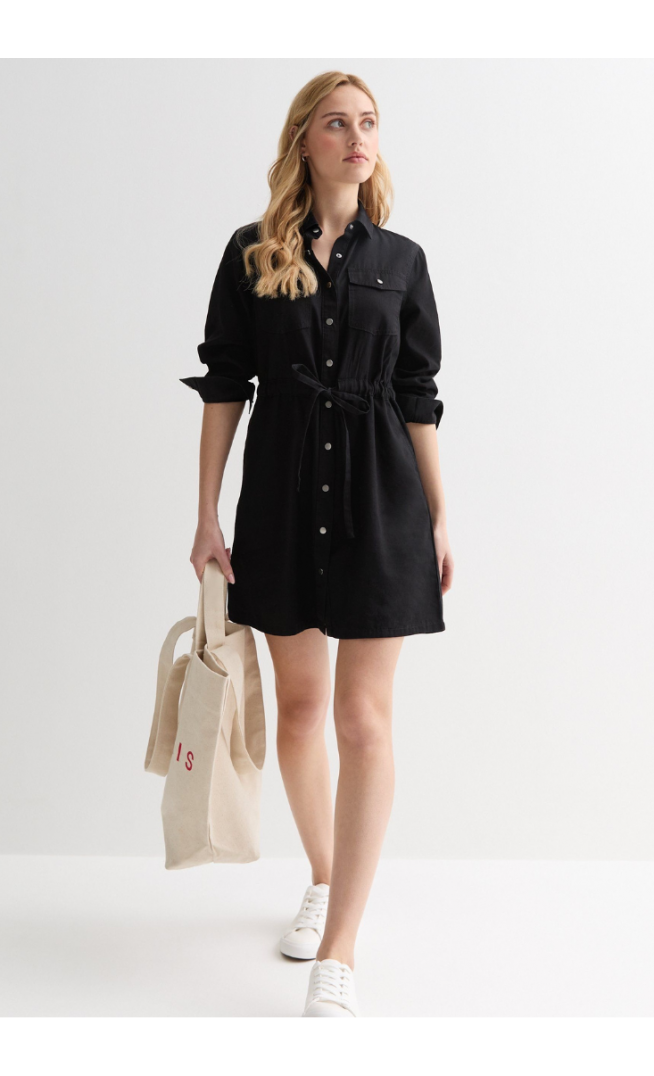 Black Lightweight Denim Drawstring Mini Shirt Dress