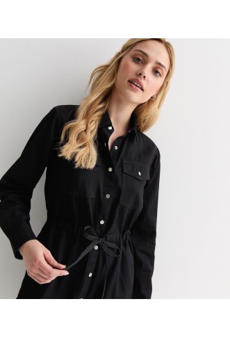 Black Lightweight Denim Drawstring Mini Shirt Dress