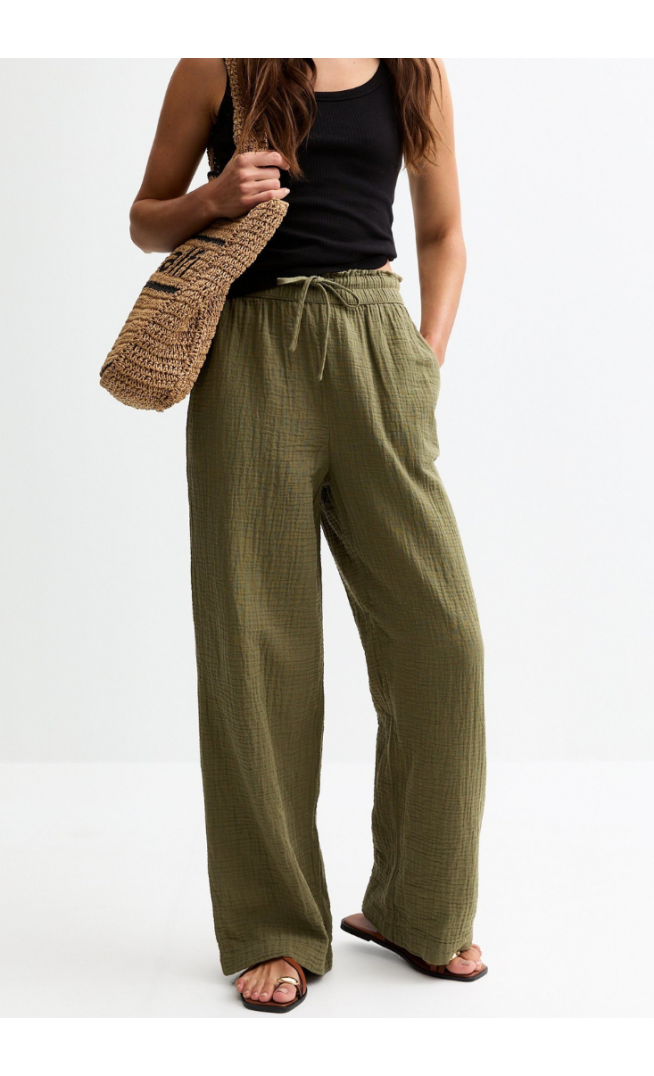 Khaki Double Cloth Wide Leg Trousers