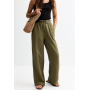 Khaki Double Cloth Wide Leg Trousers