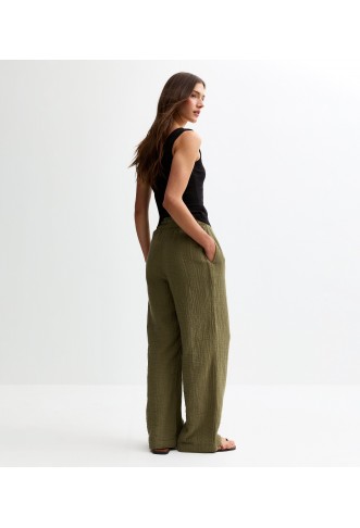 Khaki Double Cloth Wide Leg Trousers
