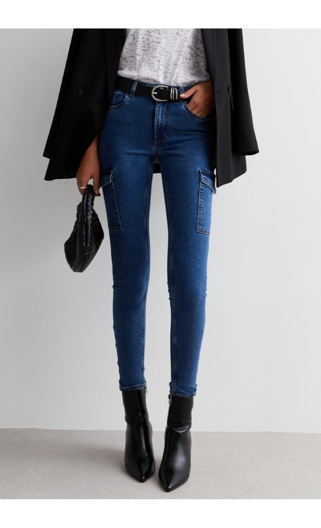 Dark Blue High Waist Skinny Cargo Jeans