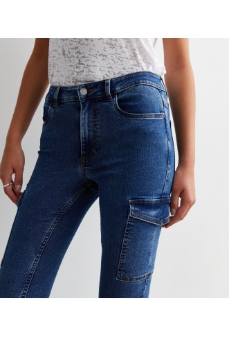 Dark Blue High Waist Skinny Cargo Jeans
