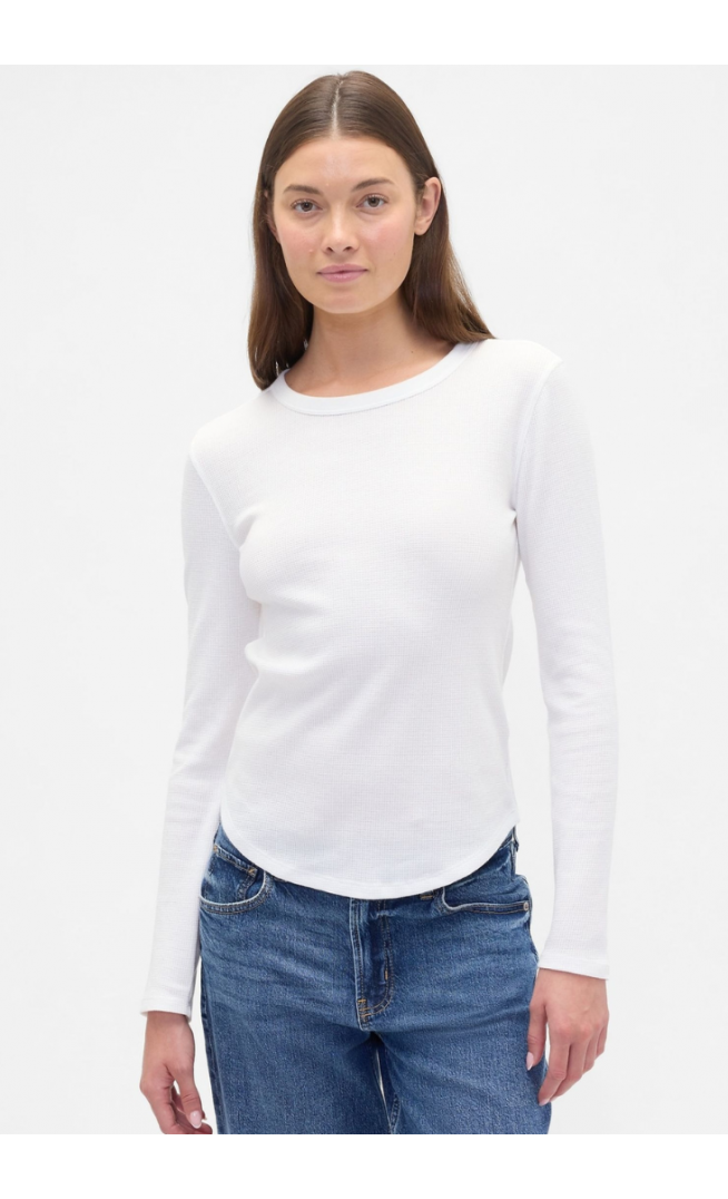White Waffle Knit Long Sleeve T-Shirt