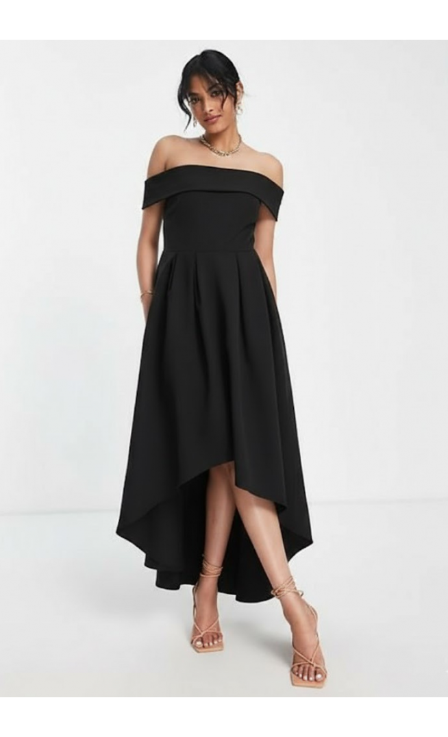 True Violet Bardot Wrap high Low Dress Black