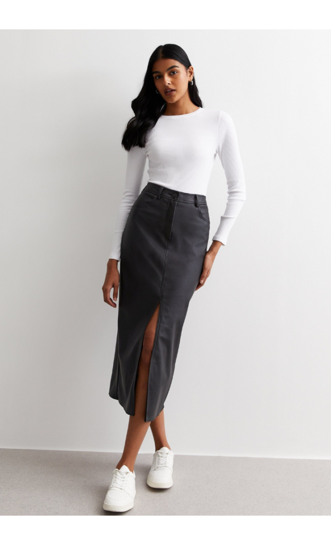 Black Leather-Look Coated Split Hem Midi Skirt