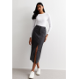 Black Leather-Look Coated Split Hem Midi Skirt