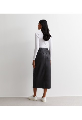 Black Leather-Look Coated Split Hem Midi Skirt