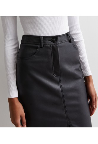 Black Leather-Look Coated Split Hem Midi Skirt