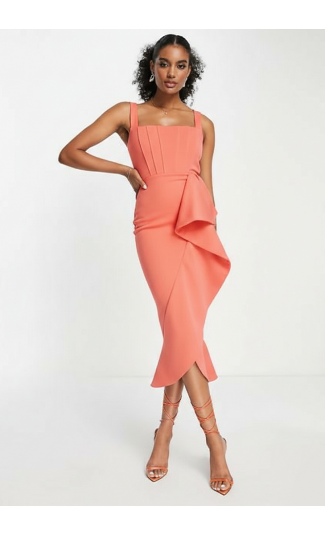 True Violet corset ruffle midi dress in Coral
